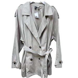 H&M Short Trench Coat XL Khaki Beige Cotton Womens Jacket Peacoat NWT